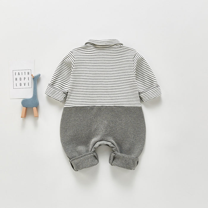 Striped Bow-Tie & Suspenders Collared T-Shirt Romper - Boys Dress Yo Baby Wholesale