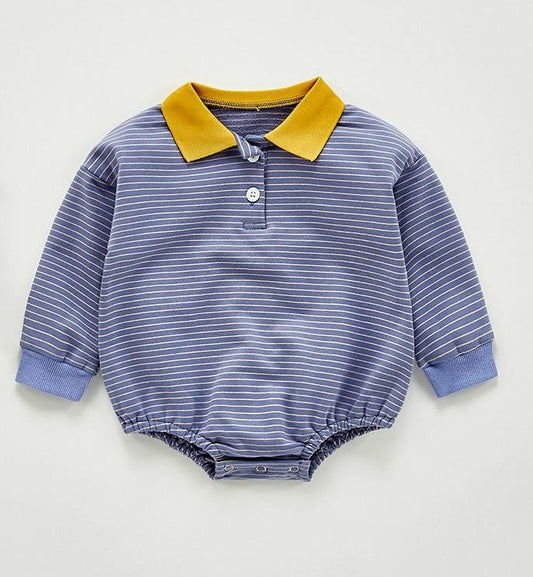 Striped & Contrast-Collar Full-Sleeves Infant Romper - Boys Dress Yo Baby Wholesale