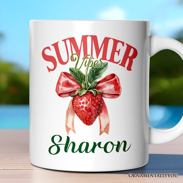 Summer Vibes Strawberry Personalized Mug, White, Seasonal Coquette Gift with Custom Name Personalized Ceramic Mug OrnamentallyYou 12oz Mug Customized