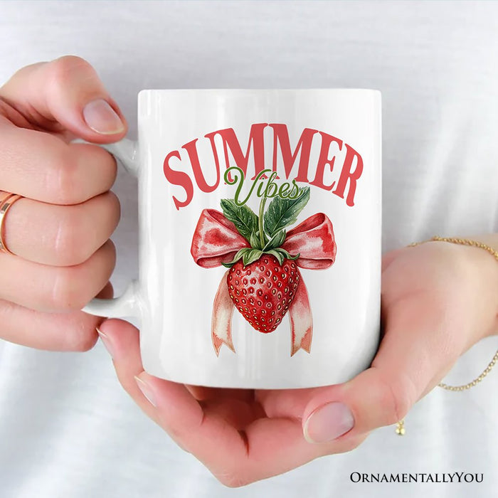 Summer Vibes Strawberry Personalized Mug, White, Seasonal Coquette Gift with Custom Name Personalized Ceramic Mug OrnamentallyYou 12oz Mug Non-Custom