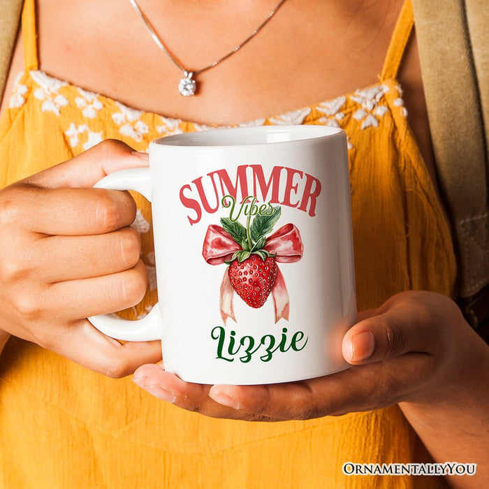 Summer Vibes Strawberry Personalized Mug, White, Seasonal Coquette Gift with Custom Name Personalized Ceramic Mug OrnamentallyYou