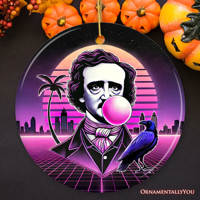 Synthwave 80's Styled Edgar Allan Poe Horror Ornament, Vaperwave Classic Retro Neon Halloween Gift and Decor Ceramic Ornament OrnamentallyYou Circle