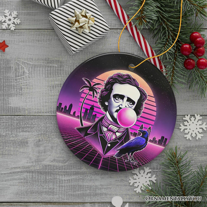 Synthwave 80's Styled Edgar Allan Poe Horror Ornament, Vaperwave Classic Retro Neon Halloween Gift and Decor Ceramic Ornament OrnamentallyYou