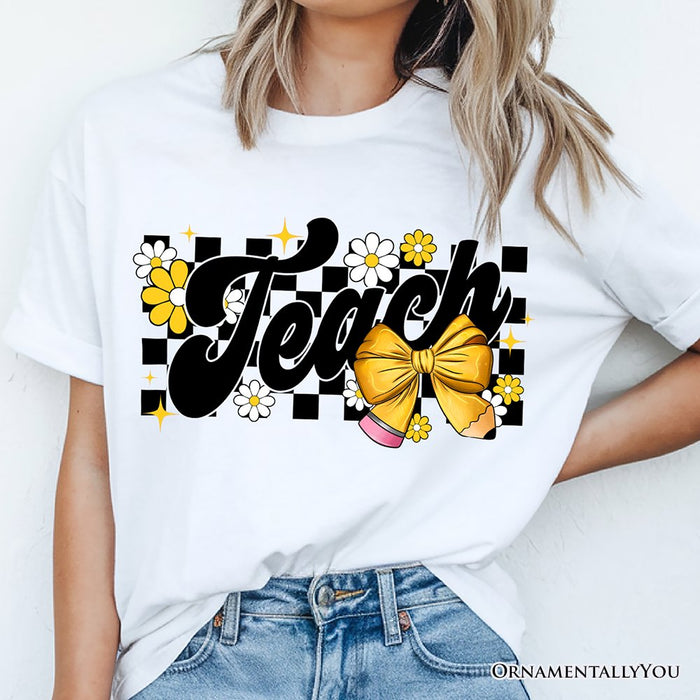 Teach Checkered Coquette Bow T-Shirt, White and Natural Retro Tee for Trendy Teachers T-Shirts OrnamentallyYou