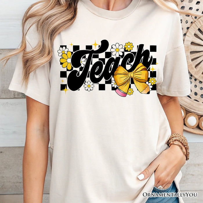 Teach Checkered Coquette Bow T-Shirt, White and Natural Retro Tee for Trendy Teachers T-Shirts OrnamentallyYou