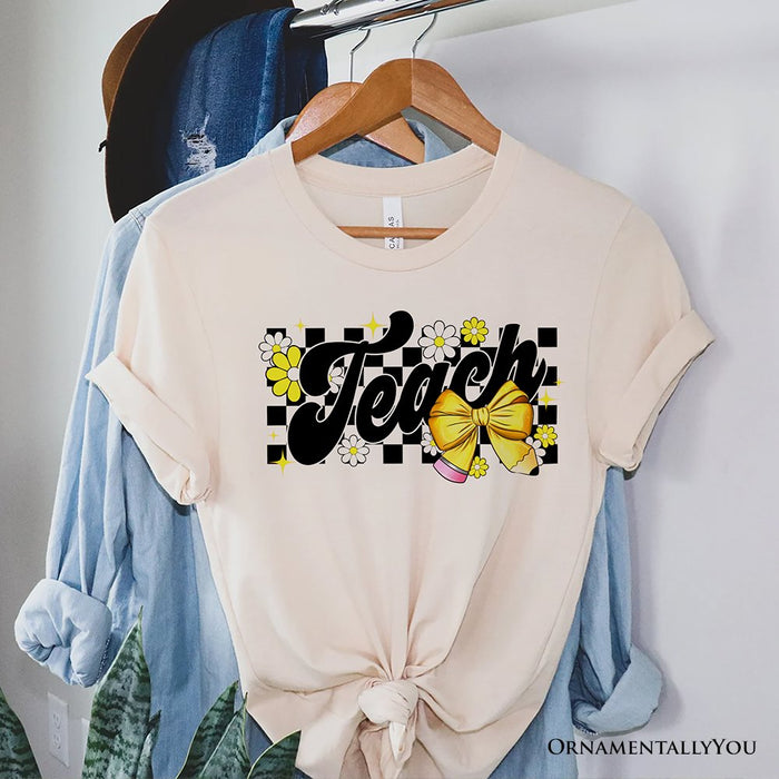Teach Checkered Coquette Bow T-Shirt, White and Natural Retro Tee for Trendy Teachers T-Shirts OrnamentallyYou Natural XS