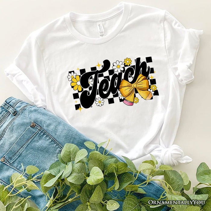 Teach Checkered Coquette Bow T-Shirt, White and Natural Retro Tee for Trendy Teachers T-Shirts OrnamentallyYou White XS