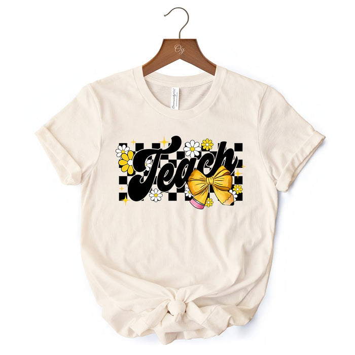 Teach Checkered Coquette Bow T-Shirt, White and Natural Retro Tee for Trendy Teachers T-Shirts OrnamentallyYou