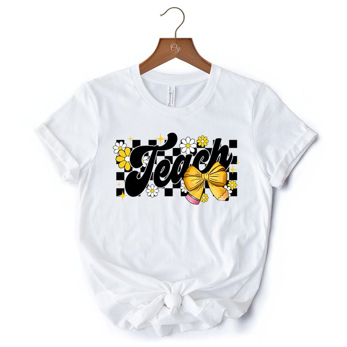 Teach Checkered Coquette Bow T-Shirt, White and Natural Retro Tee for Trendy Teachers T-Shirts OrnamentallyYou