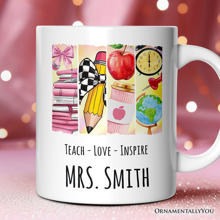 Teach Love Inspire Personalized Mug, Watercolor Teacher Gift with Custom Name Personalized Ceramic Mug OrnamentallyYou