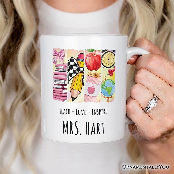 Teach Love Inspire Personalized Mug, Watercolor Teacher Gift with Custom Name Personalized Ceramic Mug OrnamentallyYou