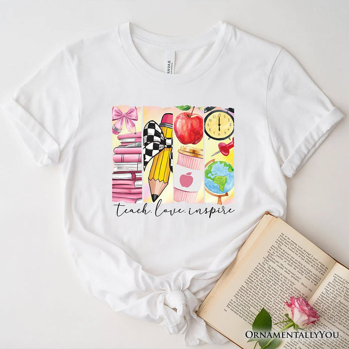 Teach Love Inspire T-Shirt, Retro Brushstroke White, Natural, and Navy Tee for Passionate Teachers T-Shirts OrnamentallyYou White XS