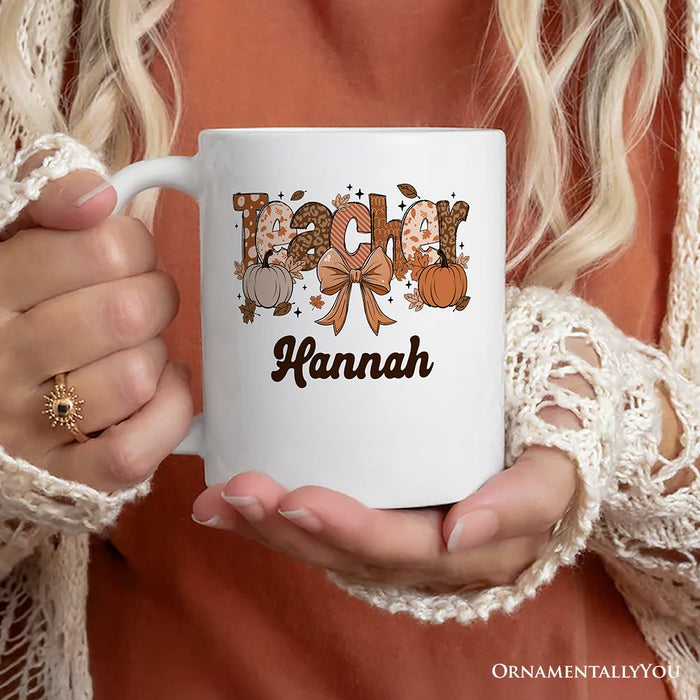 Teacher Coquette Autumn Personalized Mug, Cozy Fall Pumpkin Gift with Custom Name Personalized Ceramic Mug OrnamentallyYou