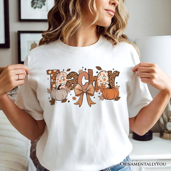 Teacher Coquette Autumn T-Shirt, Cozy Fall Pumpkin Tee for Educators T-Shirts OrnamentallyYou