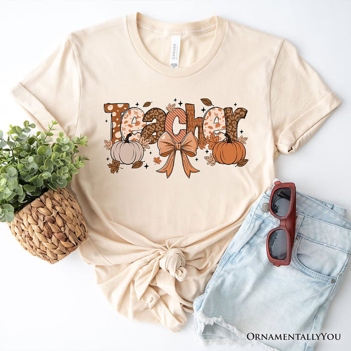 Teacher Coquette Autumn T-Shirt, Cozy Fall Pumpkin Tee for Educators T-Shirts OrnamentallyYou Natural XS