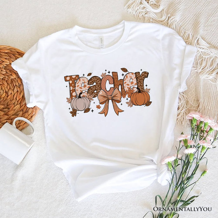 Teacher Coquette Autumn T-Shirt, Cozy Fall Pumpkin Tee for Educators T-Shirts OrnamentallyYou White XS