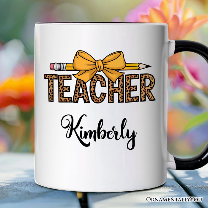 Teacher Leopard Pencil Personalized Mug, Coquette Bow Retro Classroom Gift with Custom Name Personalized Ceramic Mug OrnamentallyYou White - Black Customized