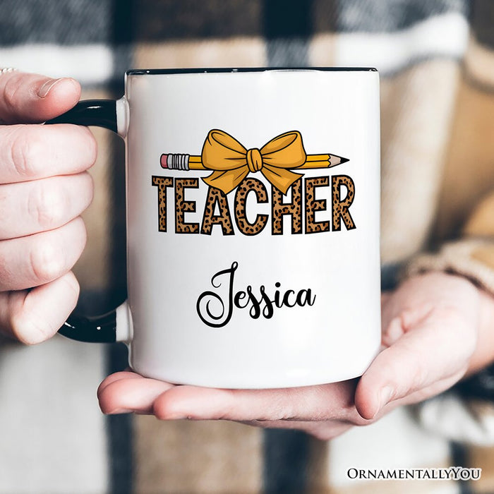 Teacher Leopard Pencil Personalized Mug, Coquette Bow Retro Classroom Gift with Custom Name Personalized Ceramic Mug OrnamentallyYou