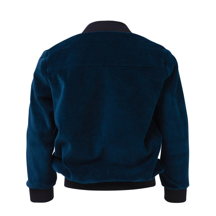 Back View of Petrol blue organic cotton velvet blazer for children