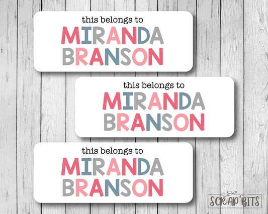 This Belongs To Labels, Girl Tri-Pink. Personalized Name Labels - Scrap Bits