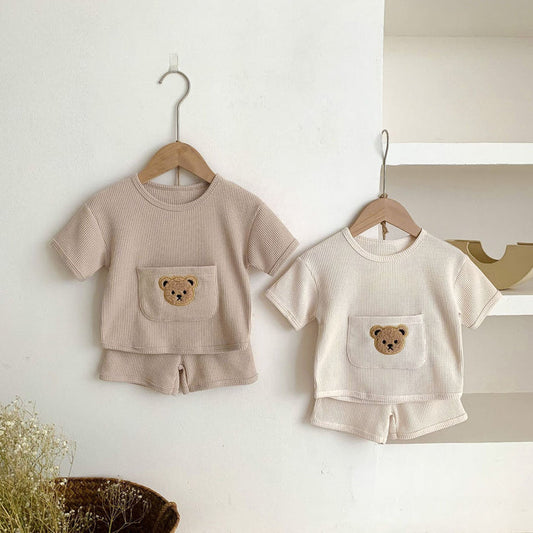 Unisex Bear Motif Waffle Knit Top & Shorts 2 Pc Set Yo Baby India