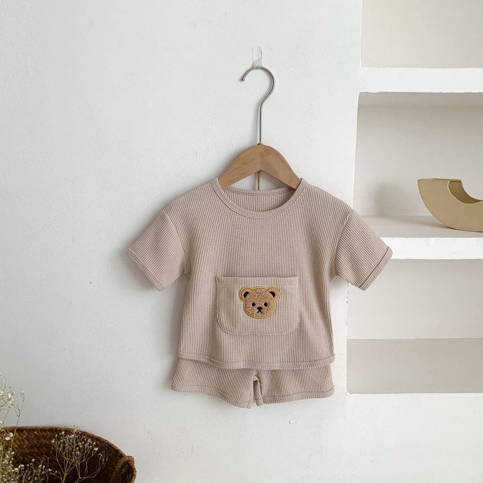Unisex Bear Motif Waffle Knit Top & Shorts 2 Pc Set Yo Baby India