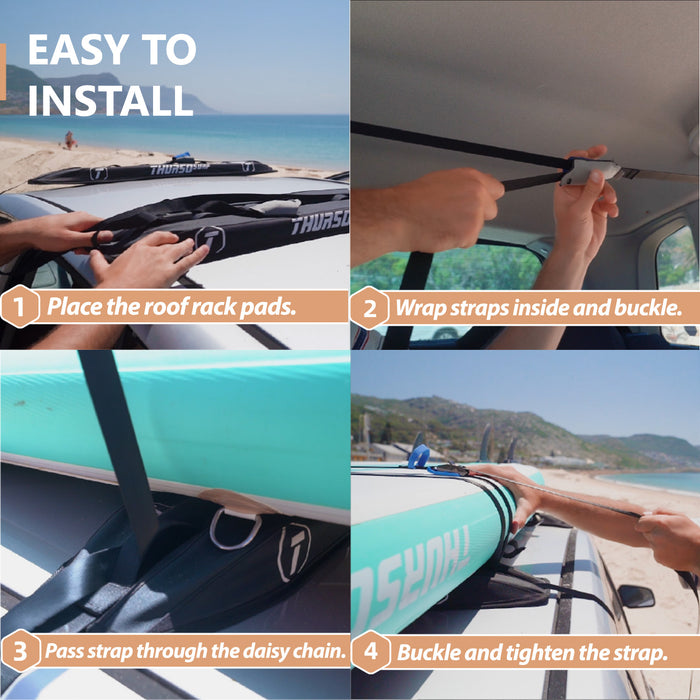 The surfboard rack for car has removable daisy chain loops built into the foam pads that act as fixed points all along their length, easy to attach your gear no matter the size