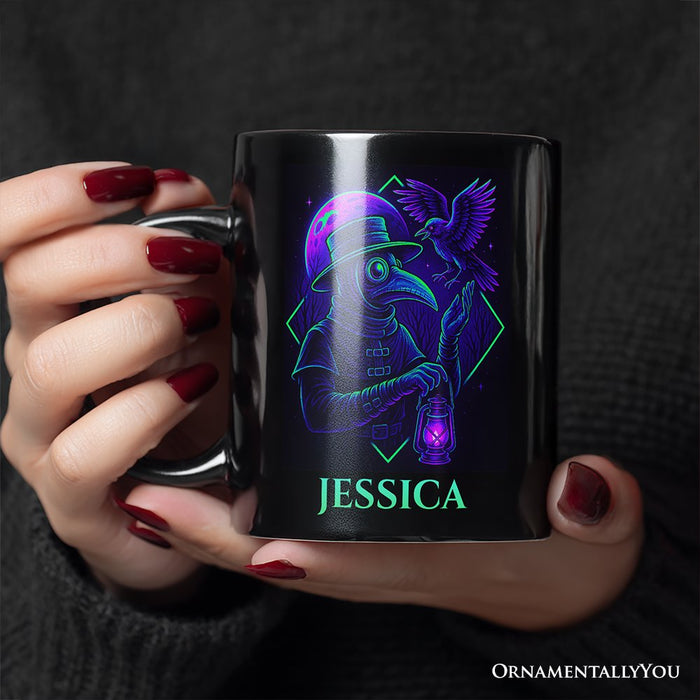 Vaporwave Plague Doctor Personalized Mug, Retro Neon Horror Vibes Halloween Gift with Custom Name Personalized Ceramic Mug OrnamentallyYou