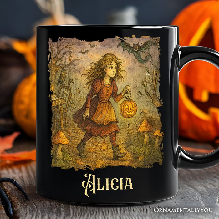 Vintage Alice’s Adventure in Wonderland Personalized Mug, Spooky Halloween Gift with Custom Name Personalized Ceramic Mug OrnamentallyYou Black Customized
