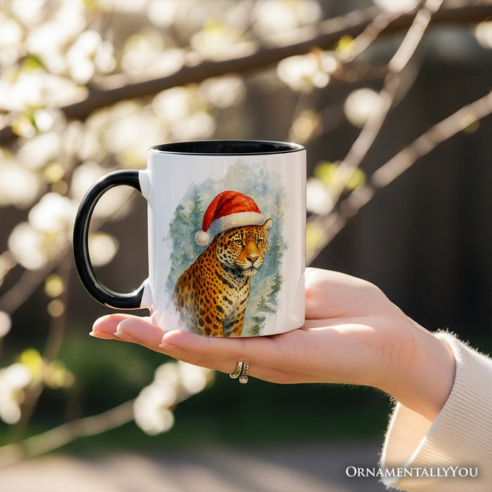 Watercolor Jaguar in Santa Hat Christmas Personalized Mug, Exotic Wildlife Holiday Gift with Custom Name Personalized Ceramic Mug OrnamentallyYou