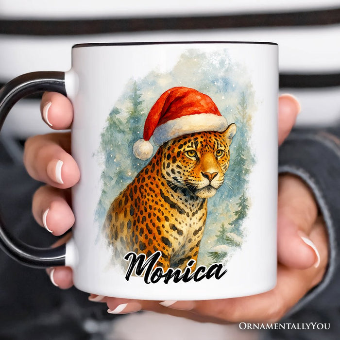 Watercolor Jaguar in Santa Hat Christmas Personalized Mug, Exotic Wildlife Holiday Gift with Custom Name Personalized Ceramic Mug OrnamentallyYou
