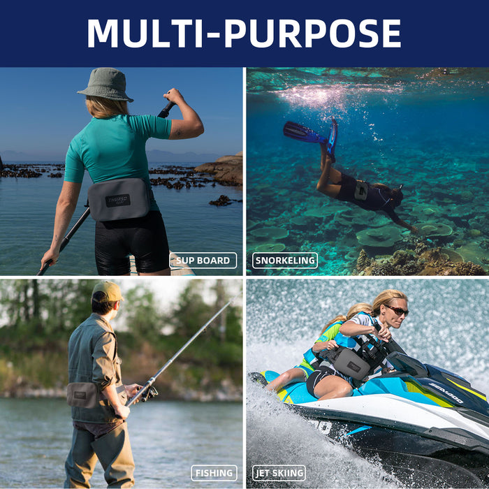 Collage of people using a slate dry pouch for various activities including SUP, snorkeling, fishing, and jet skiing.