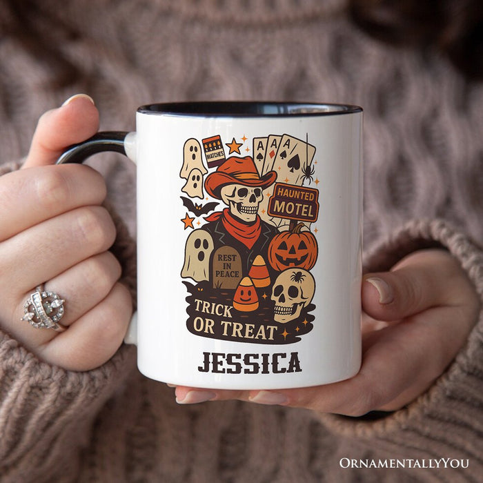 Western Halloween Skeleton Personalized Mug, Haunted Motel Trick or Treat Gift with Custom Name Personalized Ceramic Mug OrnamentallyYou