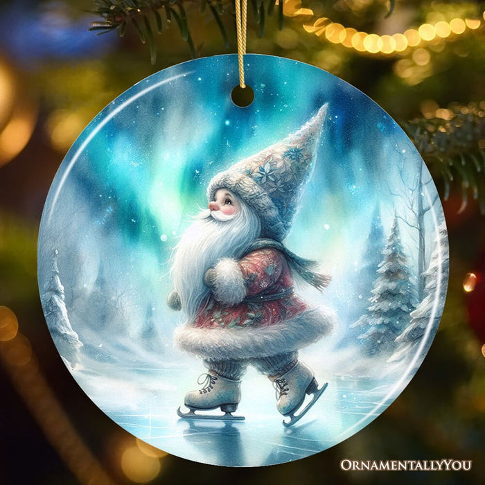Whimsical Skater Gnome on Ice Ceramic Ornament, Magical Night Christmas Gift and Tree Decor Glass Ornament OrnamentallyYou Circle