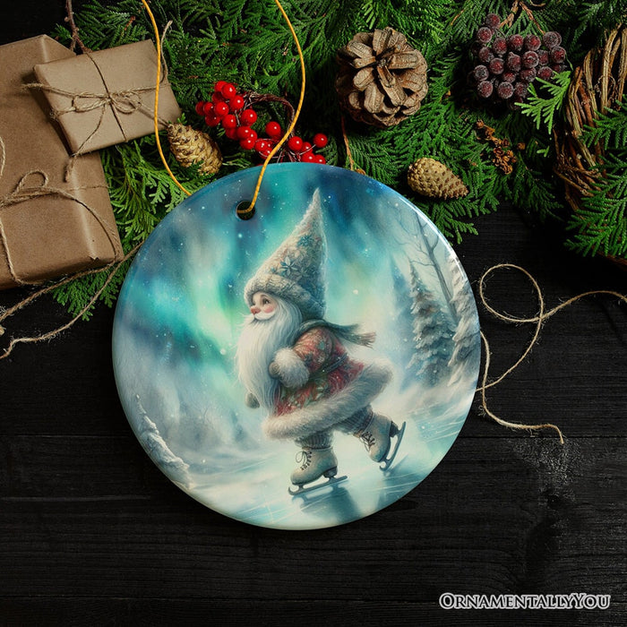 Whimsical Skater Gnome on Ice Ceramic Ornament, Magical Night Christmas Gift and Tree Decor Glass Ornament OrnamentallyYou