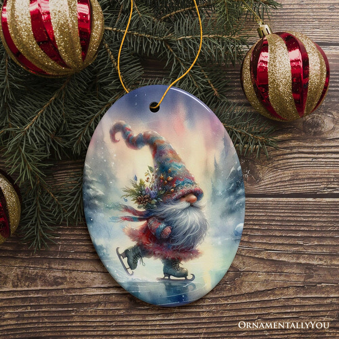 Whimsical Skater Gnome on Ice Ceramic Ornament, Magical Night Christmas Gift and Tree Decor Glass Ornament OrnamentallyYou Oval