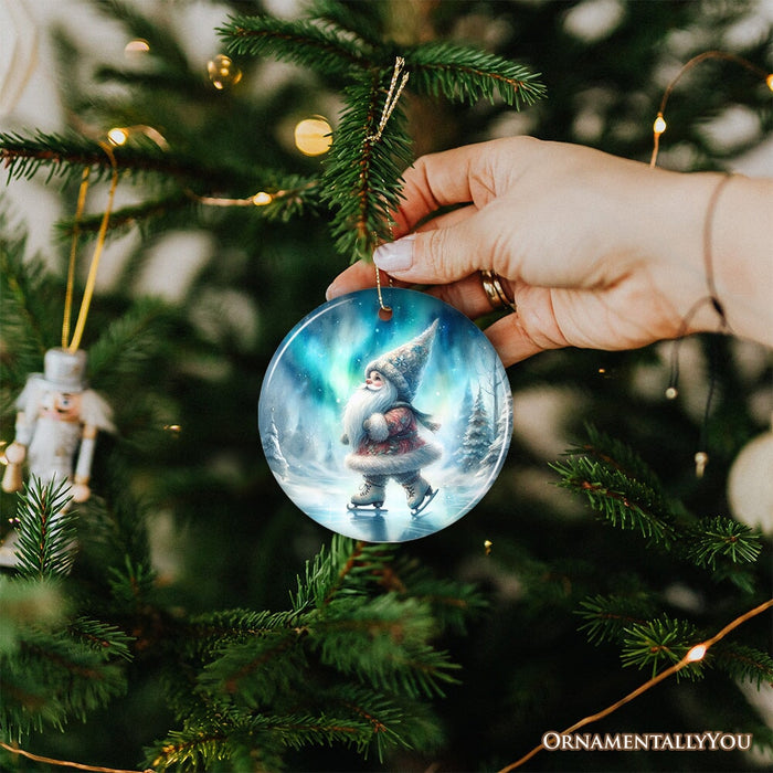 Whimsical Skater Gnome on Ice Ceramic Ornament, Magical Night Christmas Gift and Tree Decor Glass Ornament OrnamentallyYou