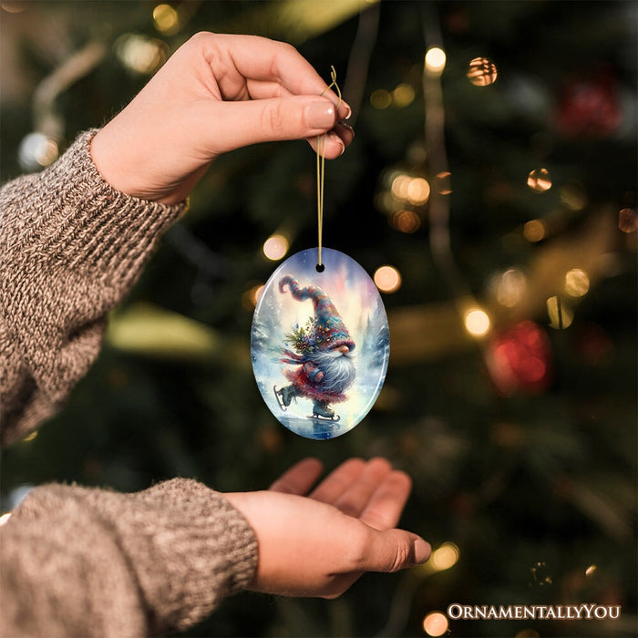 Whimsical Skater Gnome on Ice Ceramic Ornament, Magical Night Christmas Gift and Tree Decor Glass Ornament OrnamentallyYou
