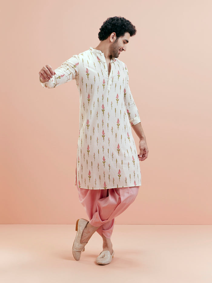 White Cotton Floral Printed Kurta Pink Dhoti Set