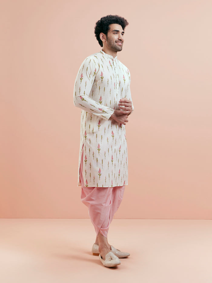 White Cotton Floral Printed Kurta Pink Dhoti Set