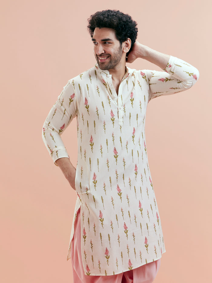 White Cotton Floral Printed Kurta Pink Dhoti Set