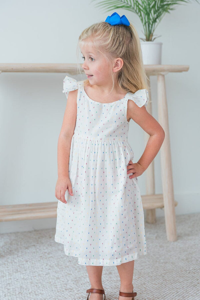 White Multicolor Dot Cotton Dobby Frill Dress and Bloomers dress & diaper cover Yo Baby India
