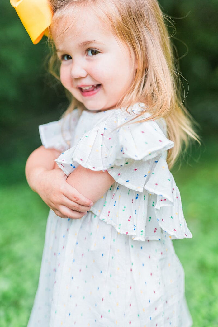 White Multicolor Dot Cotton Dobby Frill Dress and Bloomers dress & diaper cover Yo Baby India