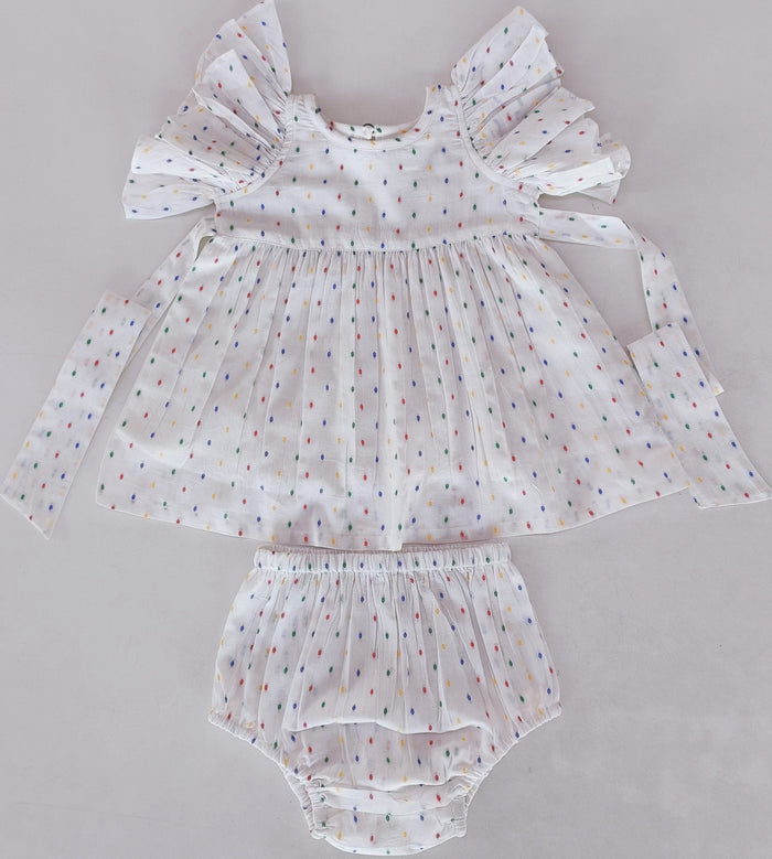White Multicolor Dot Cotton Dobby Frill Dress and Bloomers dress & diaper cover Yo Baby India