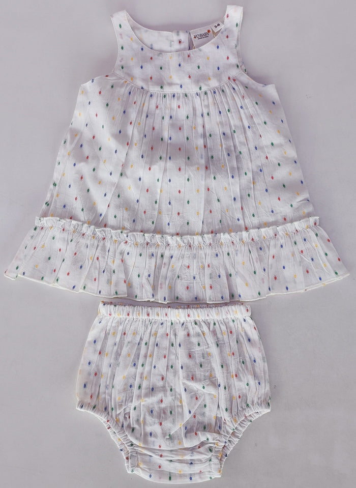 White Multicolor Dot Cotton Dobby Bottom Ruffle Dress and Bloomers dress & diaper cover Yo Baby India