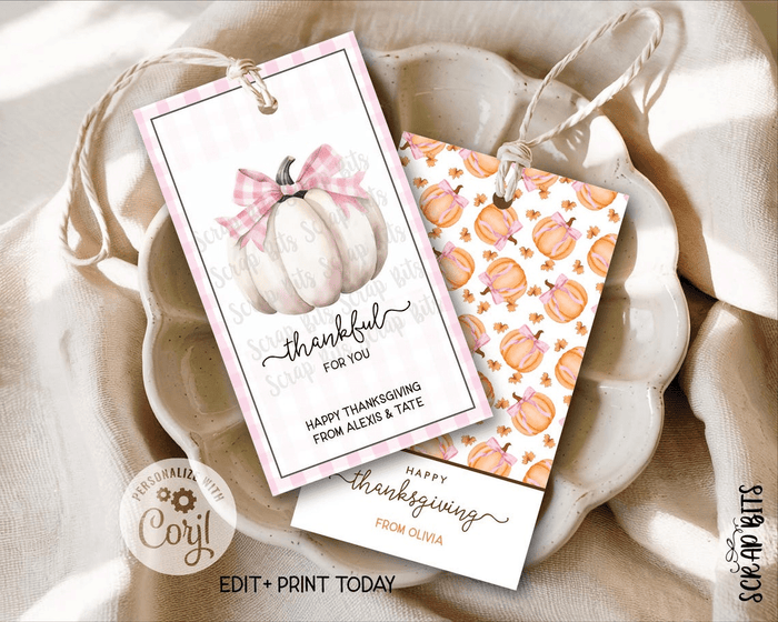 White Pumpkin Pink Gingham Coquette Bow, Printable Thanksgiving Favor Tag Set, Instant Download Editable Template - Scrap Bits