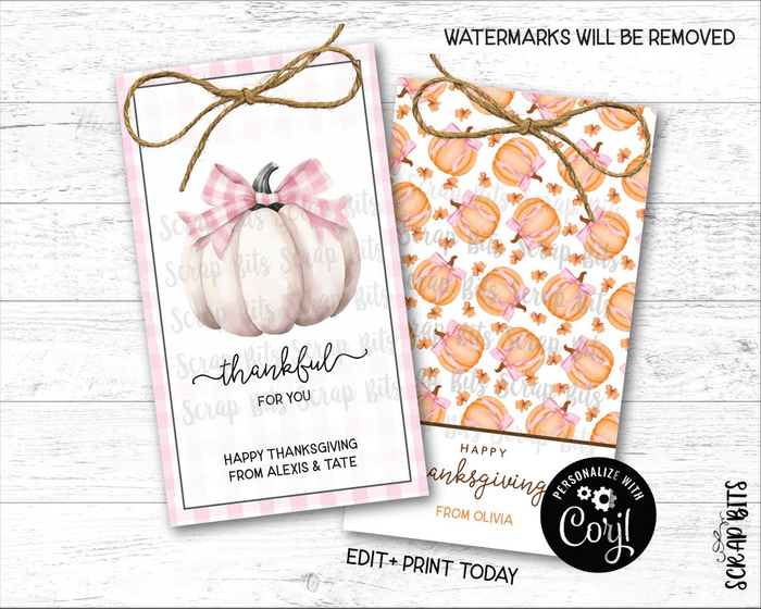 White Pumpkin Pink Gingham Coquette Bow, Printable Thanksgiving Favor Tag Set, Instant Download Editable Template - Scrap Bits