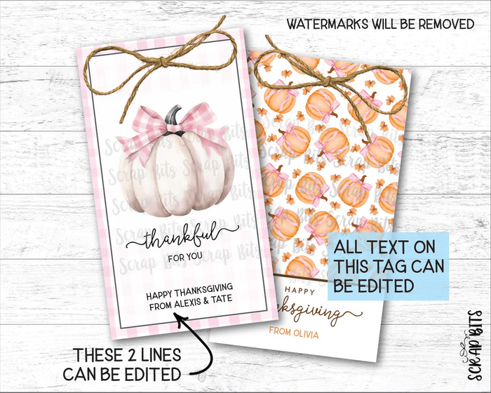 White Pumpkin Pink Gingham Coquette Bow, Printable Thanksgiving Favor Tag Set, Instant Download Editable Template - Scrap Bits