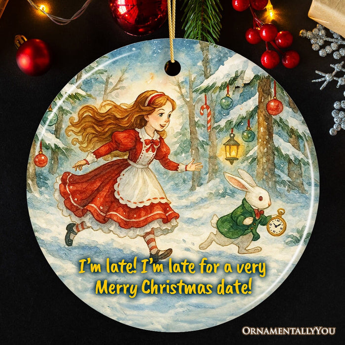 White Rabbit I'm Late for Christmas Ornament, Alice's Adventure in Wonderland Gift and Tree Decor Ceramic Ornament OrnamentallyYou