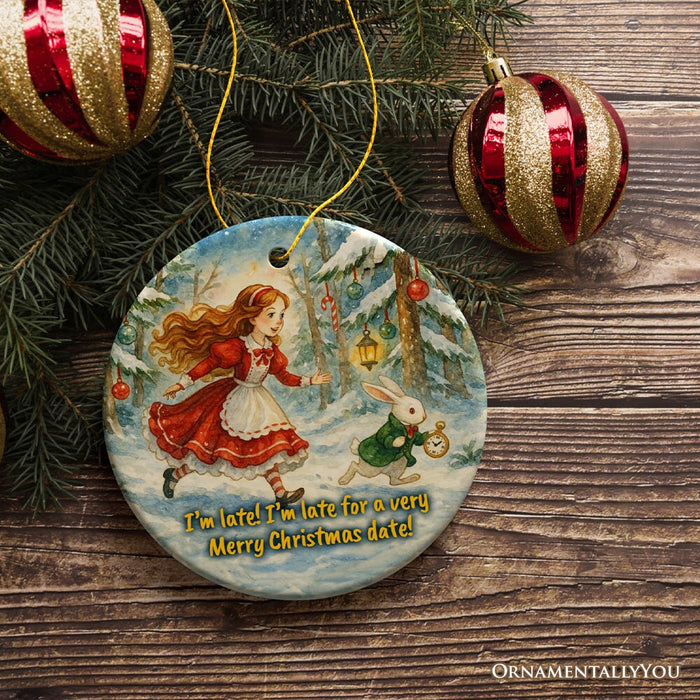 White Rabbit I'm Late for Christmas Ornament, Alice's Adventure in Wonderland Gift and Tree Decor Ceramic Ornament OrnamentallyYou